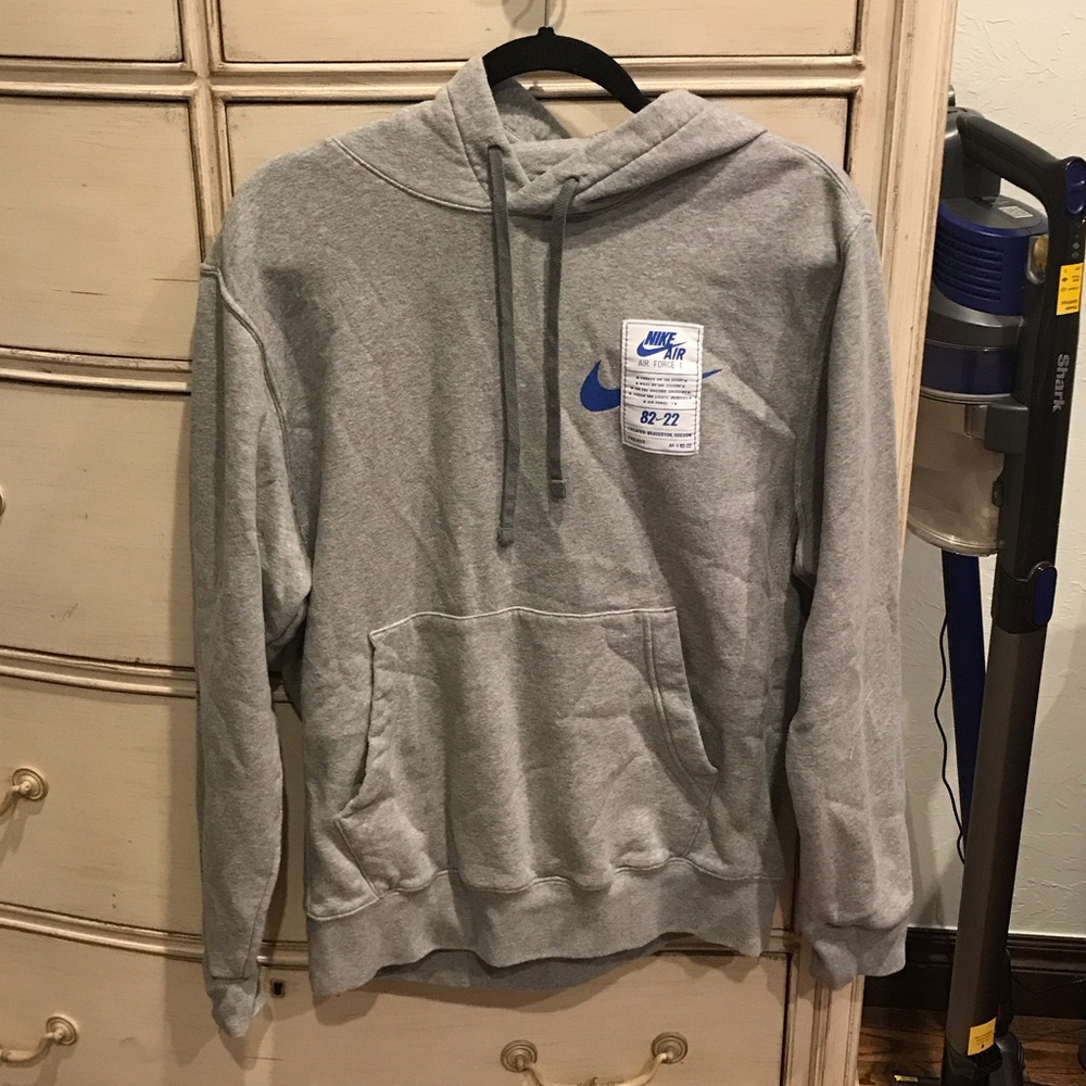 Nike Men's Air Force 1 Gray Hoodie with Blue Logo